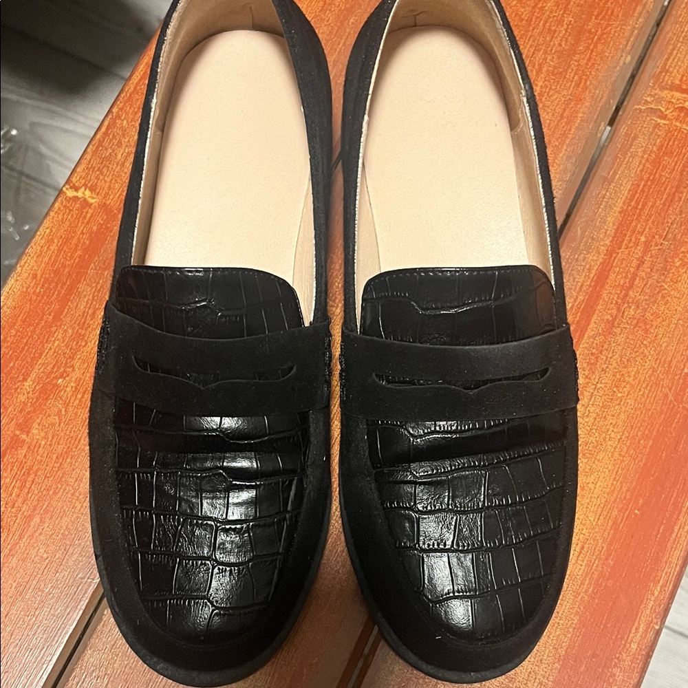 Black Croc-Embossed Penny Loafers